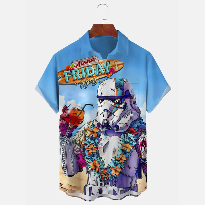 Beach Vacation Men's Hawaiian Shirt Cartoon Space Warrior Print Shirt