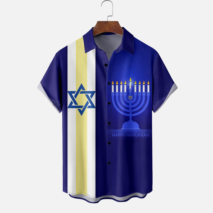 Hanukkah Candle Six-pointed Star Chest Pocket Bowling Shirt