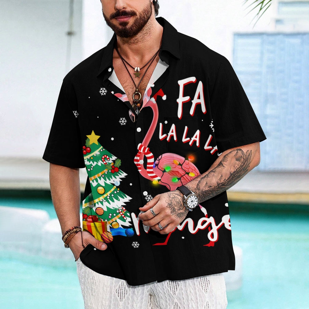 Christmas Tree And Flamingo Print Casual Short Sleeve Shirt 2411008547