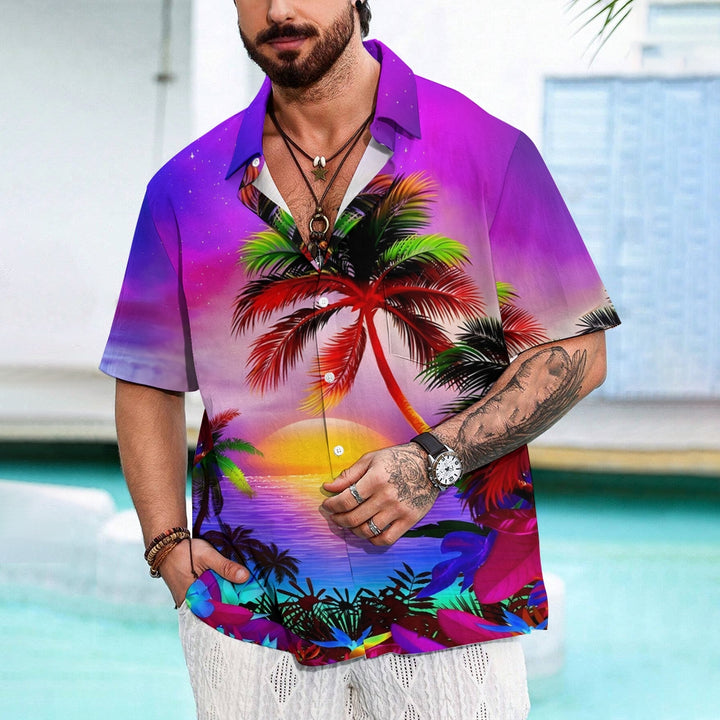 Men's Hawaiian Coconut Tree Sunset Print Short Sleeve Shirt 2412006496