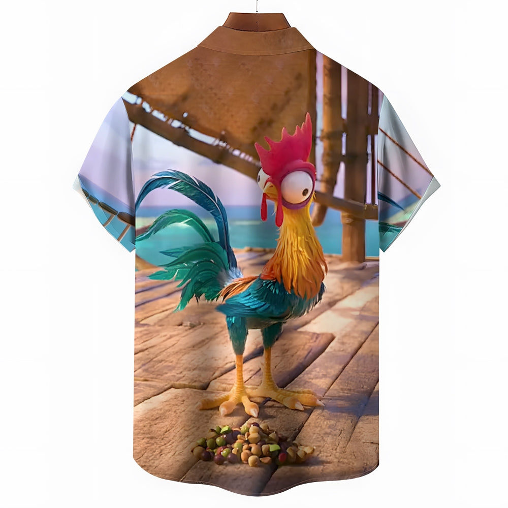 Funny Rooster Eating Print Casual Short Sleeve Shirt 2410001921