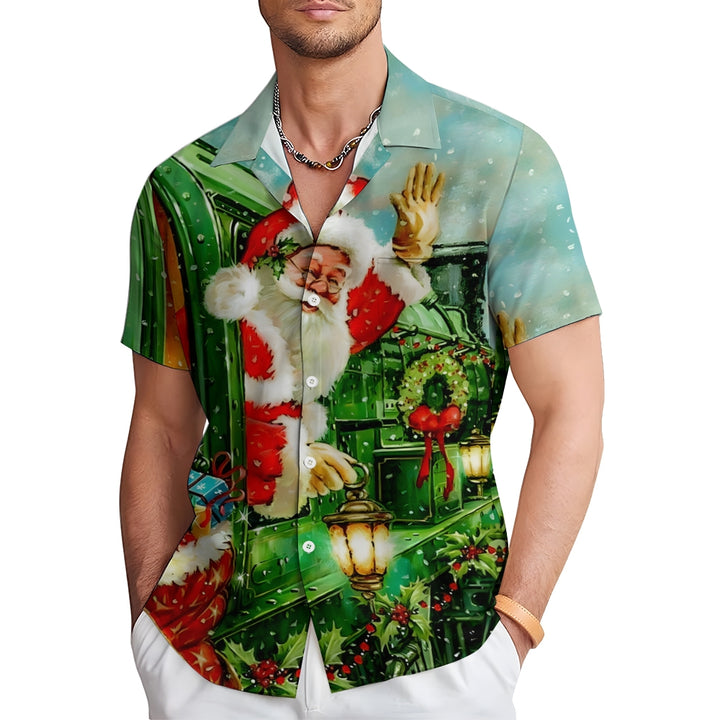 Christmas Santa Claus Green Train Casual Short Sleeve Shirt 2411003259