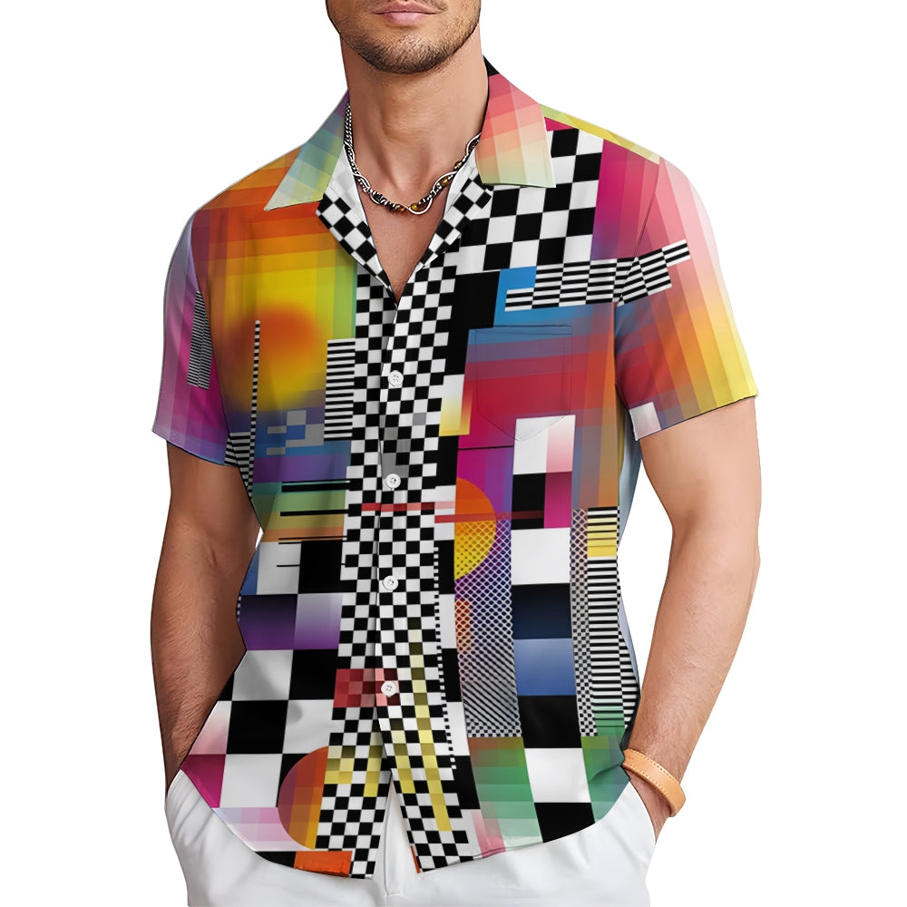 Geometric Colorful Square Linen Short-Sleeved Shirt 2409009648