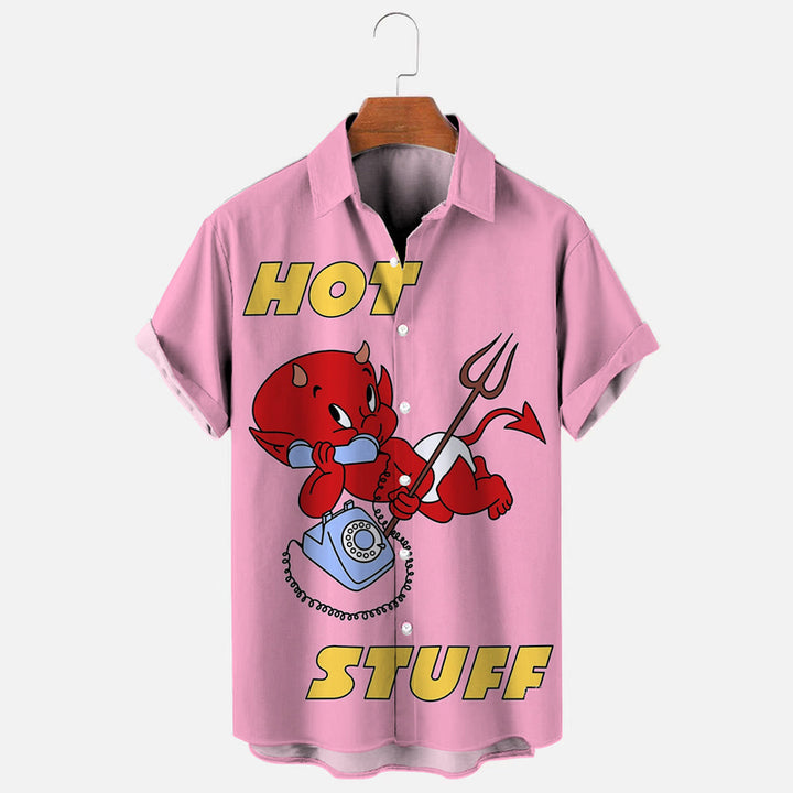 Men's Retro Little Devil Cartoon Print Casual Short Sleeve Shirt