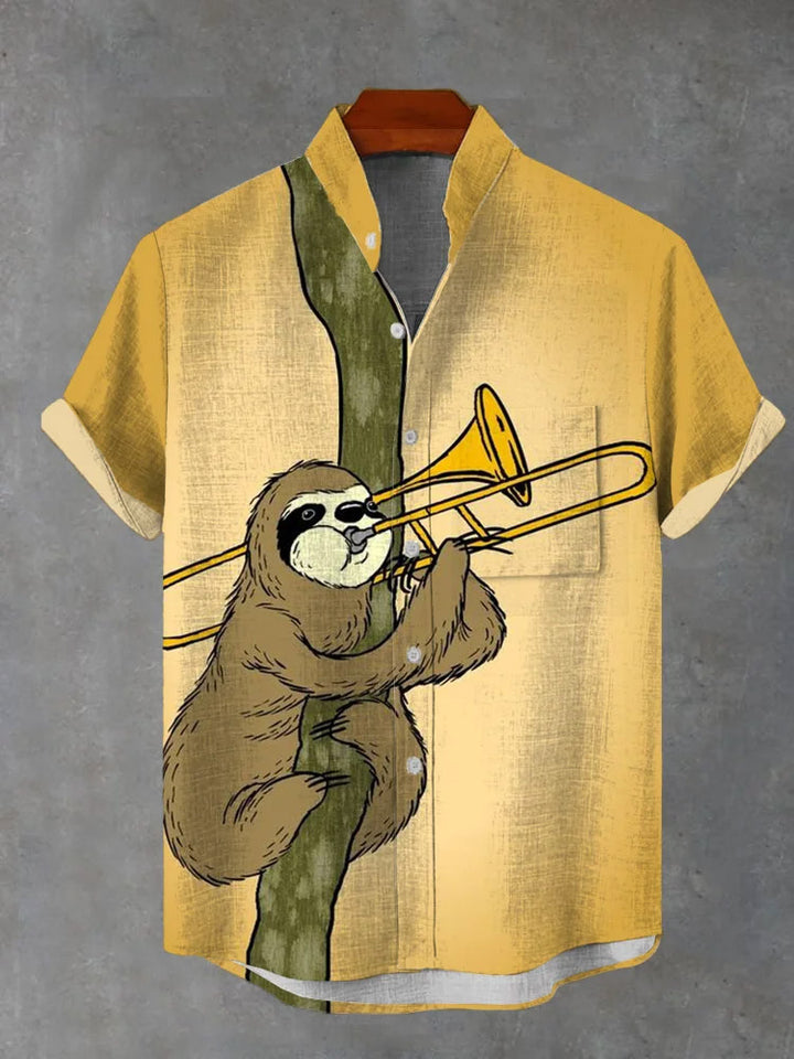 Sloth Playing Trombone Print Short Sleeve Shirt