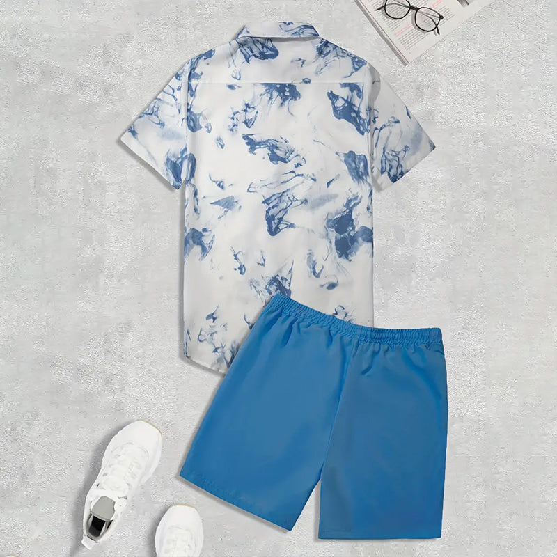 Men's Smokey Pattern Hawaiian Shirt & Drawstring Shorts Outfit Set