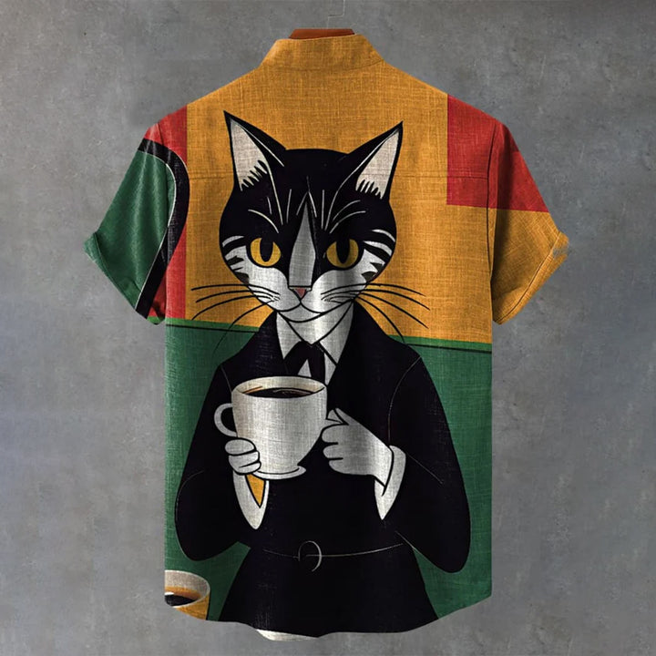 Vintage Colorblock Cat Drinking Coffee Art Print Casual Shirt