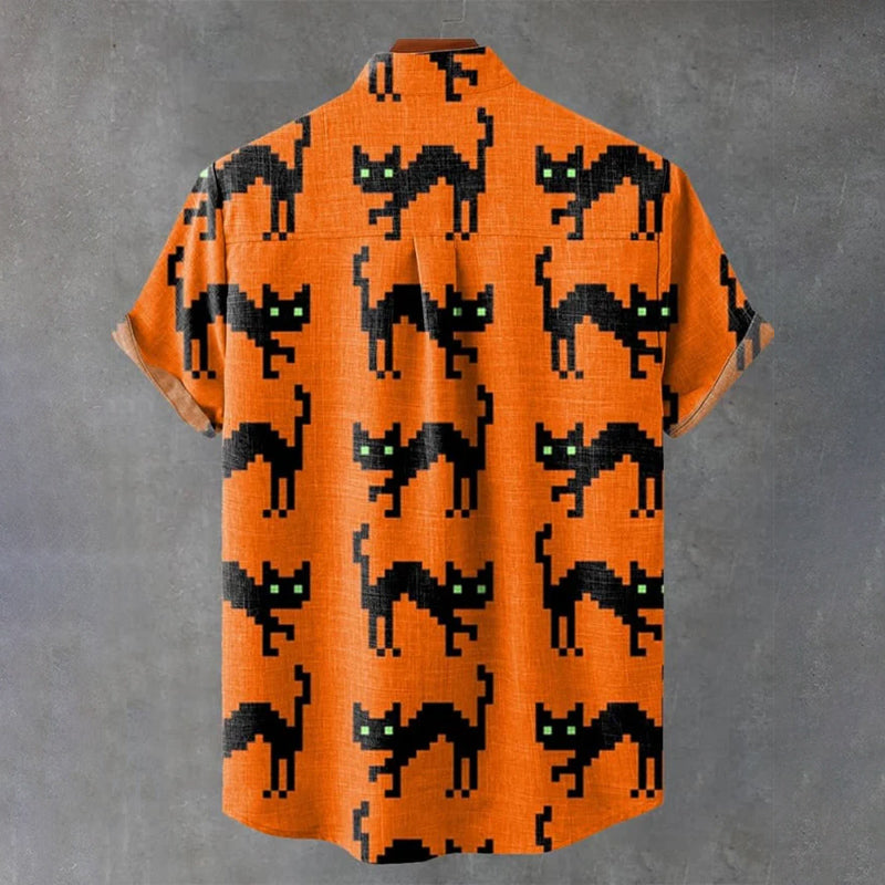 Halloween Pixel Black Cat Art Print Casual Shirt 2408002381