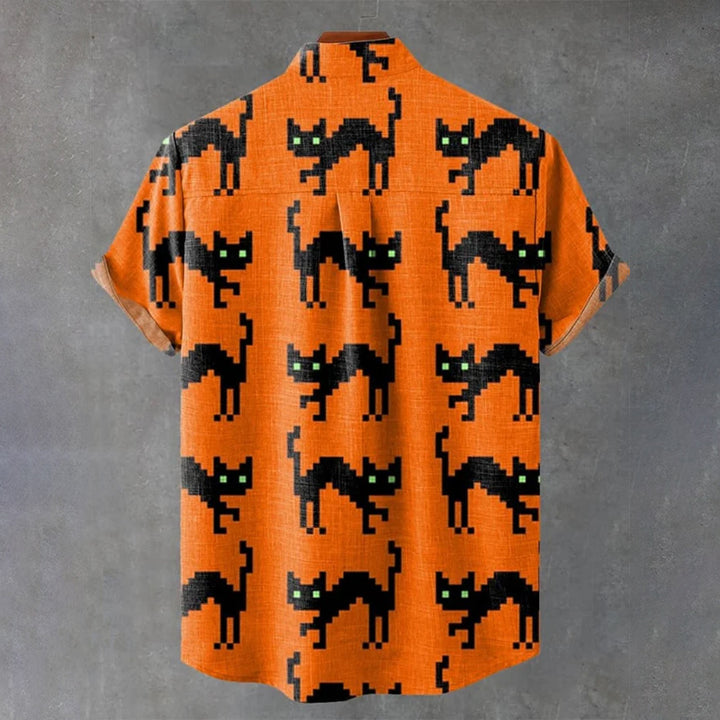 Halloween Pixel Black Cat Art Print Casual Shirt 2408002381