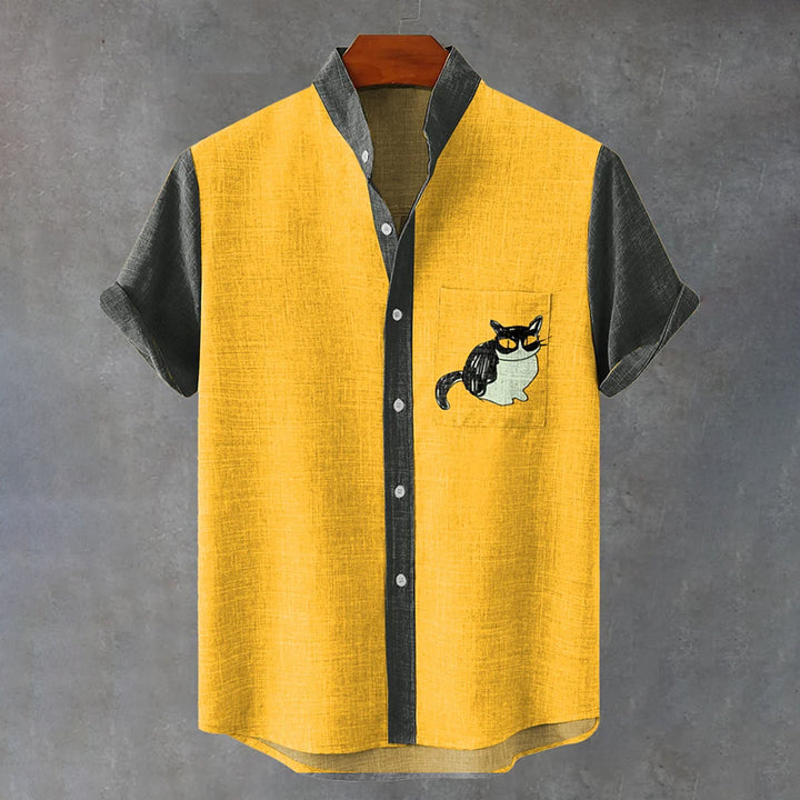 Yellow Dark Green Cute Cow Cat Art Print Casual Shirt