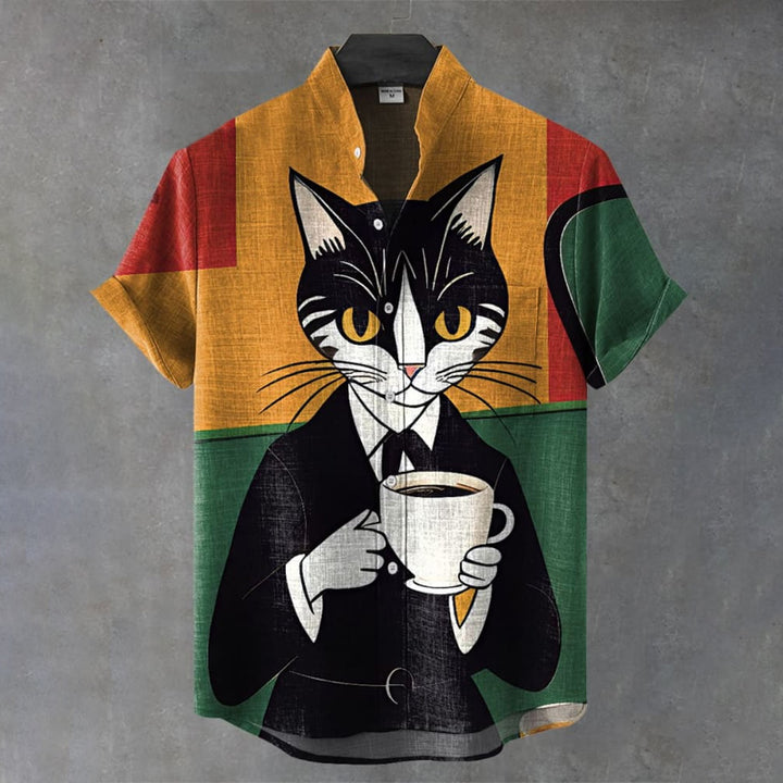 Vintage Colorblock Cat Drinking Coffee Art Print Casual Shirt