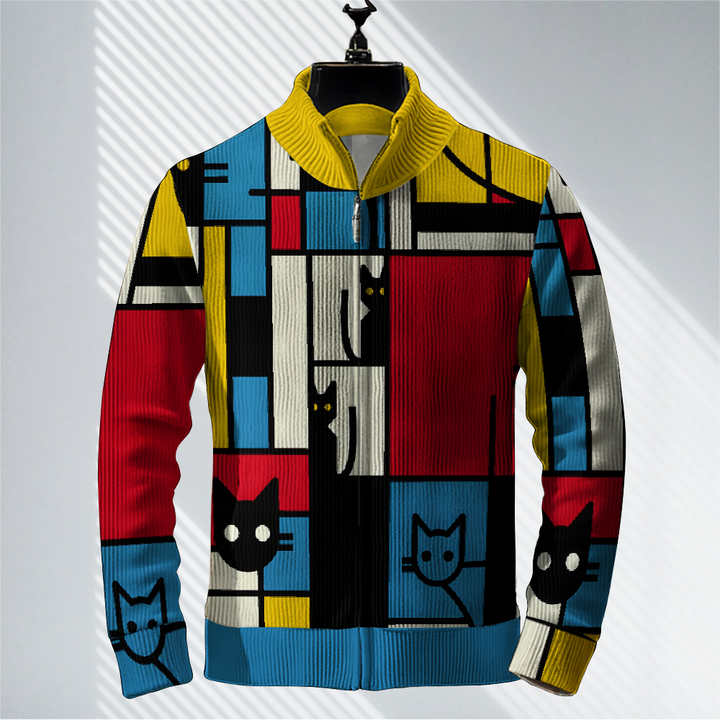 Men's Geometric Cat Print Zip-Up Sweater Jacket 2409005187