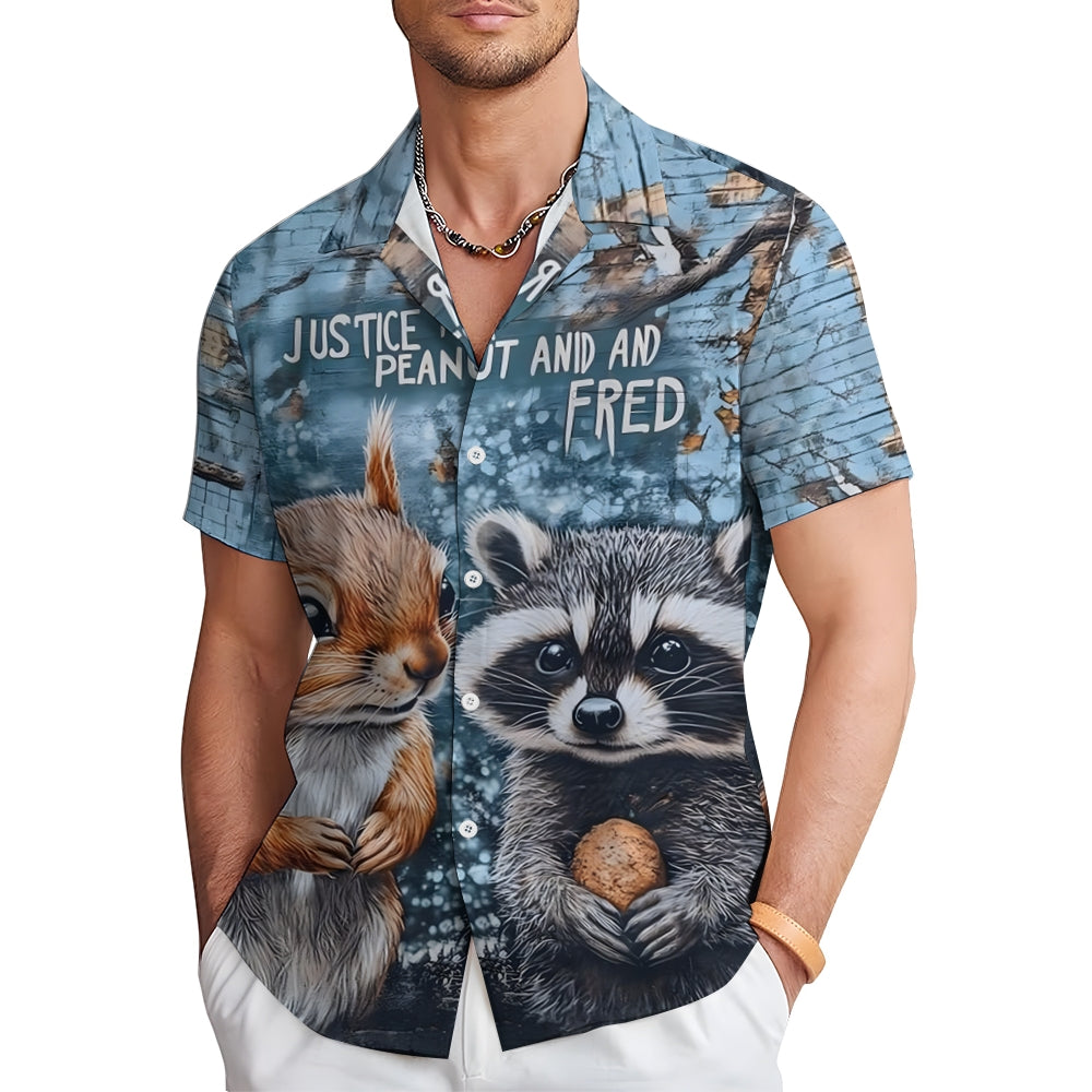 Squirrel and Peanut Print Chest Pocket Short Sleeve Shirt 2411002225