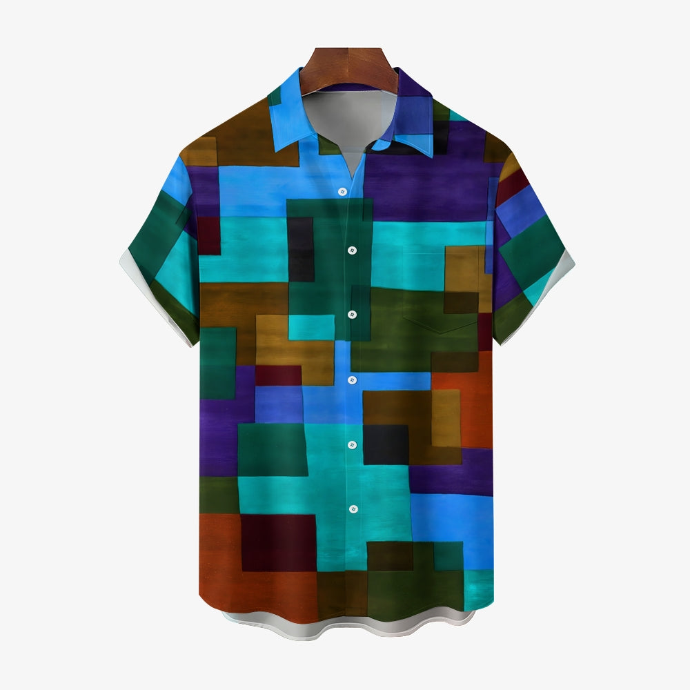 Men's Retro Geometric Print Button Pocket Short Sleeve Shirt 2403000741