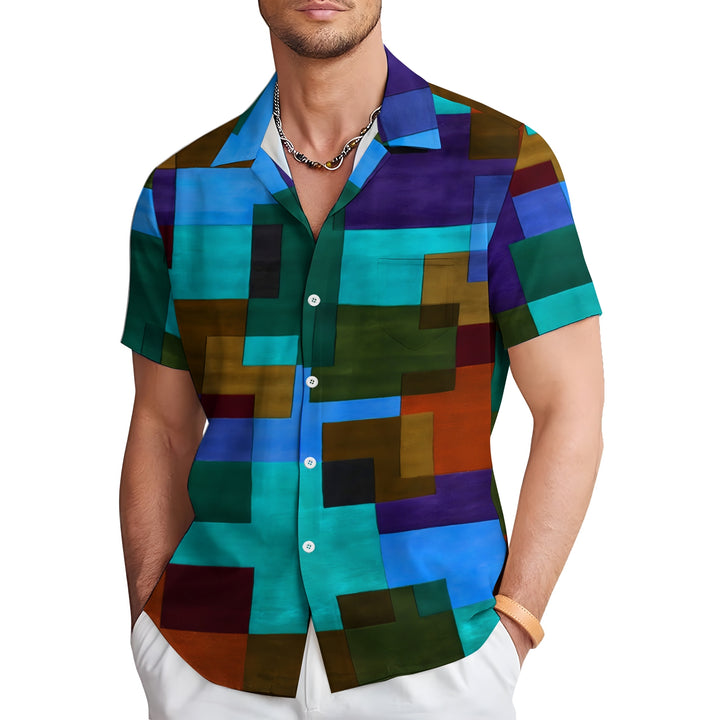 Men's Retro Geometric Print Button Pocket Short Sleeve Shirt 2403000741