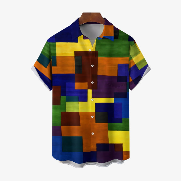 Men's Retro Geometric Print Button Pocket Short Sleeve Shirt 2403000741