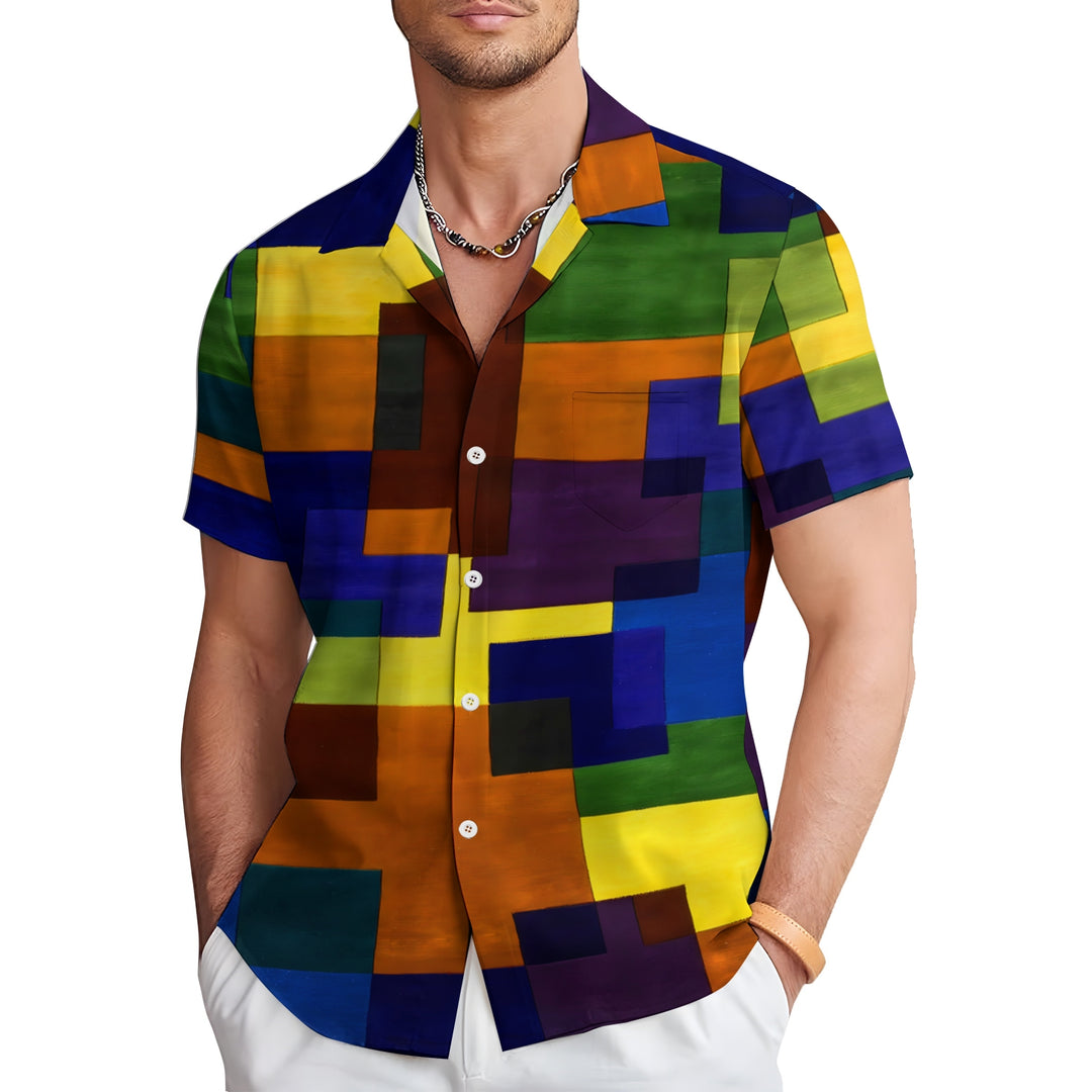 Men's Retro Geometric Print Button Pocket Short Sleeve Shirt 2403000741