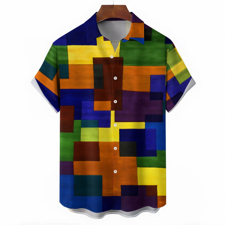 Men's Retro Geometric Print Button Pocket Short Sleeve Shirt 2403000741