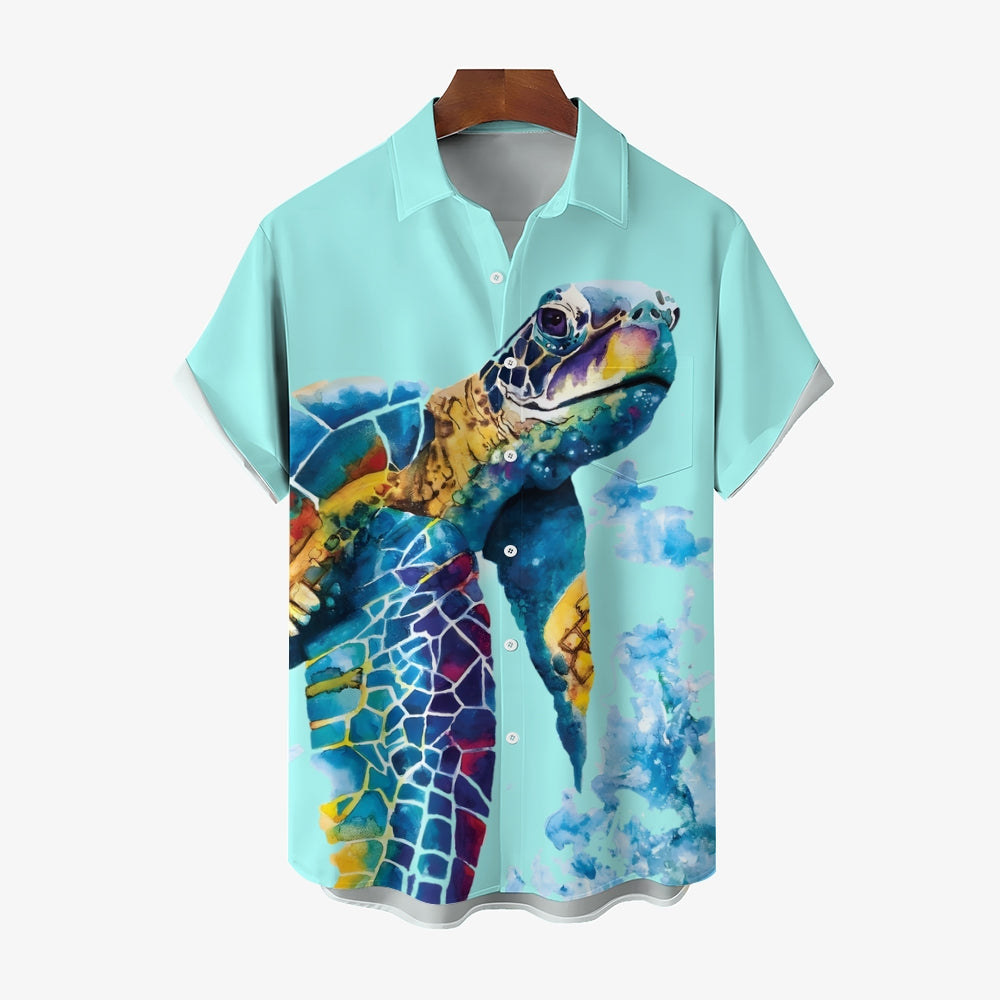 Men's Watercolor Art Turtle Casual Short Sleeve Shirt 2403000810
