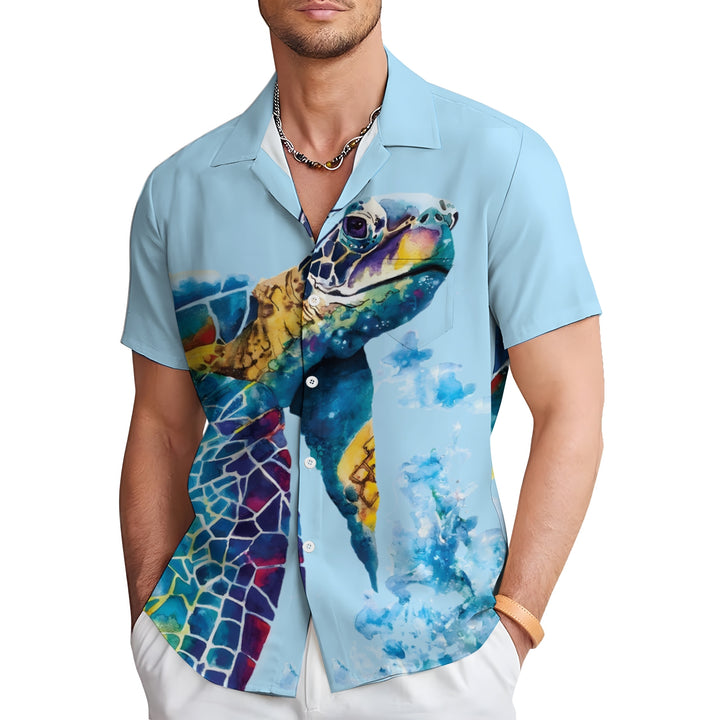 Men's Watercolor Art Turtle Casual Short Sleeve Shirt 2403000810