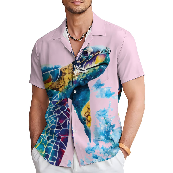 Men's Watercolor Art Turtle Casual Short Sleeve Shirt 2403000810