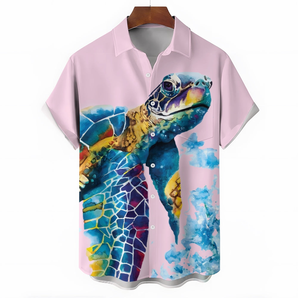 Men's Watercolor Art Turtle Casual Short Sleeve Shirt 2403000810