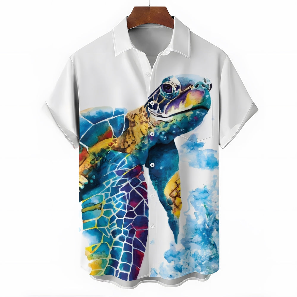 Kurzarmhemd mit hawaiianischem Meeresschildkröten-Print für Herren 2304103196
