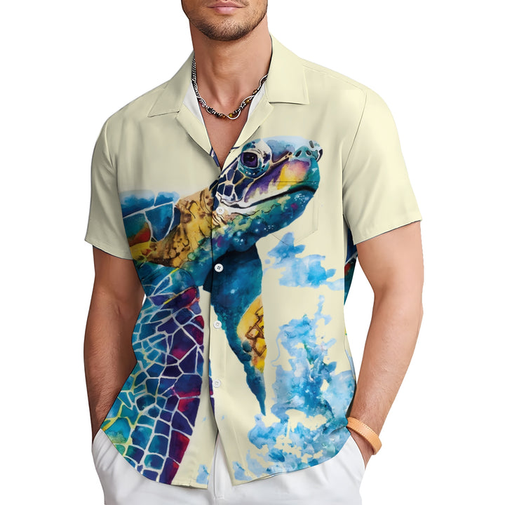 Men's Watercolor Art Turtle Casual Short Sleeve Shirt 2403000810