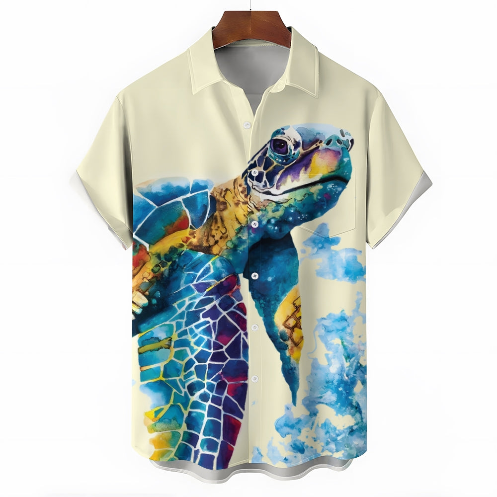 Men's Watercolor Art Turtle Casual Short Sleeve Shirt 2403000810