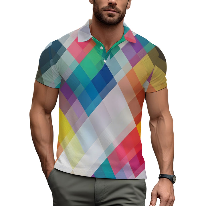 Men's Button-Down Short Sleeve Geometric Print Polo Shirt 2312000154
