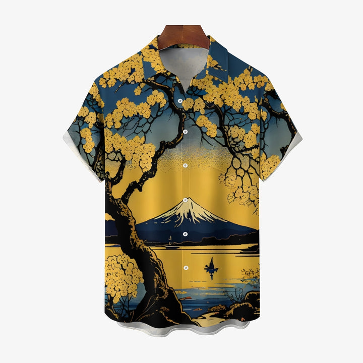 Ukiyoe Japanese Mount Fuji Yellow Floral Chest Pocket Short-Sleeved Shirt 2402000143