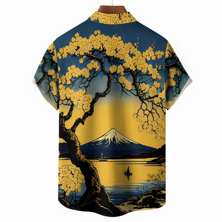 Ukiyoe Japanese Mount Fuji Yellow Floral Chest Pocket Short-Sleeved Shirt 2402000143