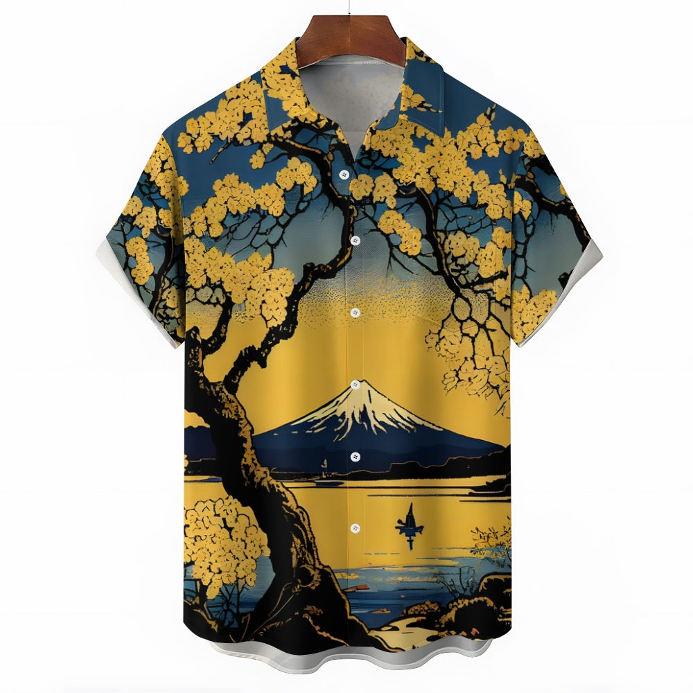 Ukiyoe Japanese Mount Fuji Yellow Floral Chest Pocket Short-Sleeved Shirt 2402000143