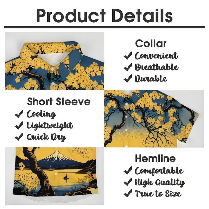 Ukiyoe Japanese Mount Fuji Yellow Floral Chest Pocket Short-Sleeved Shirt 2402000143