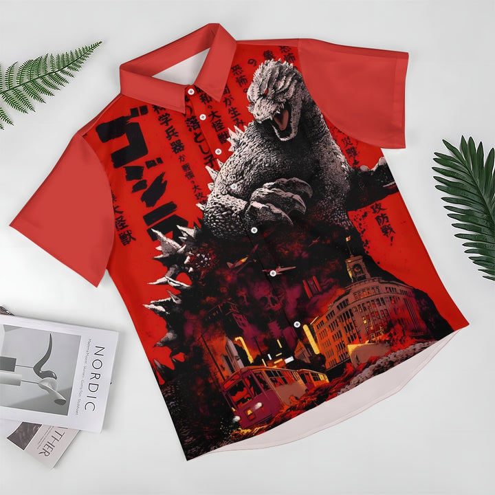 Red Giant Monster Godzilla And Cruise Ship Print Casual Short Sleeve Shirt 2402000094