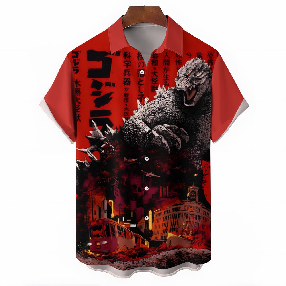 Red Giant Monster Godzilla And Cruise Ship Print Casual Short Sleeve Shirt 2402000094