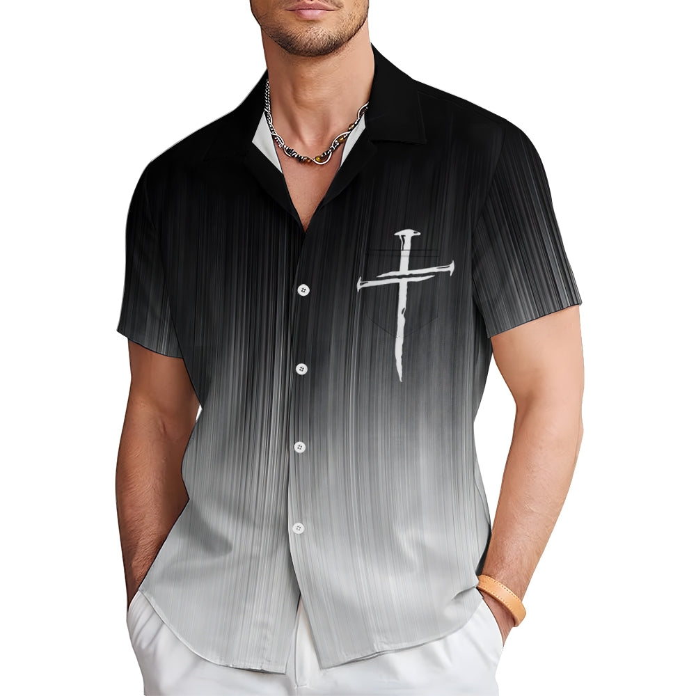 Men's Gradient Cross Print Casual Short Sleeve Shirt 2402000330