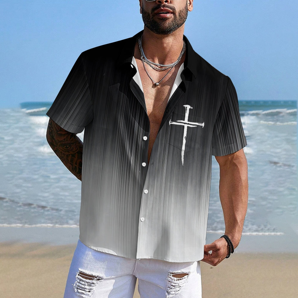 Men's Gradient Cross Print Casual Short Sleeve Shirt 2402000330