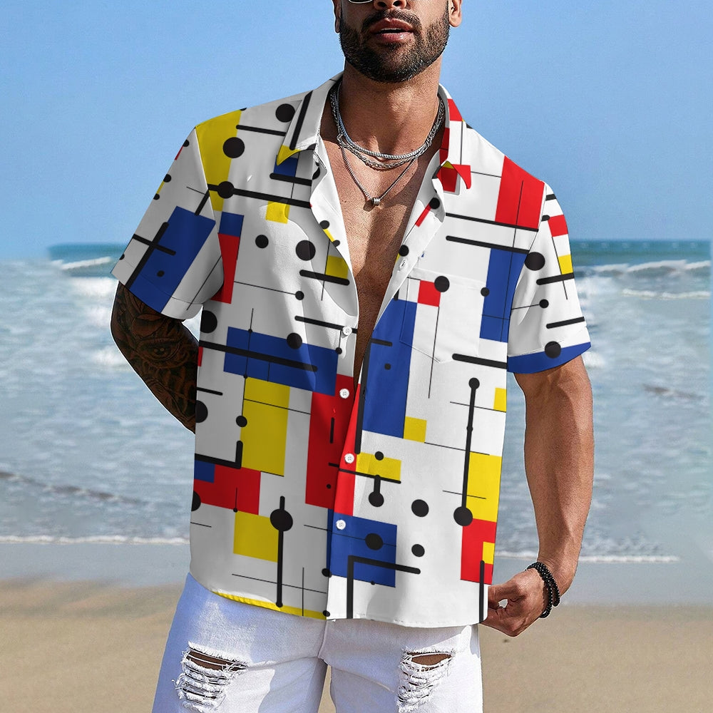 Retro Geometric Color Block Print Men's Button Pocket Short Sleeve Lapel Hawaiian Shirt 2401000116