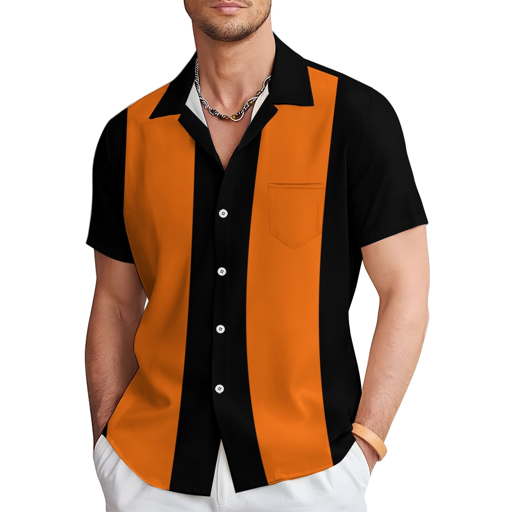 Men's Vintage 50s Style Black Orange Classic Bowling Shirt Short Sleeve Shirt 2307100608