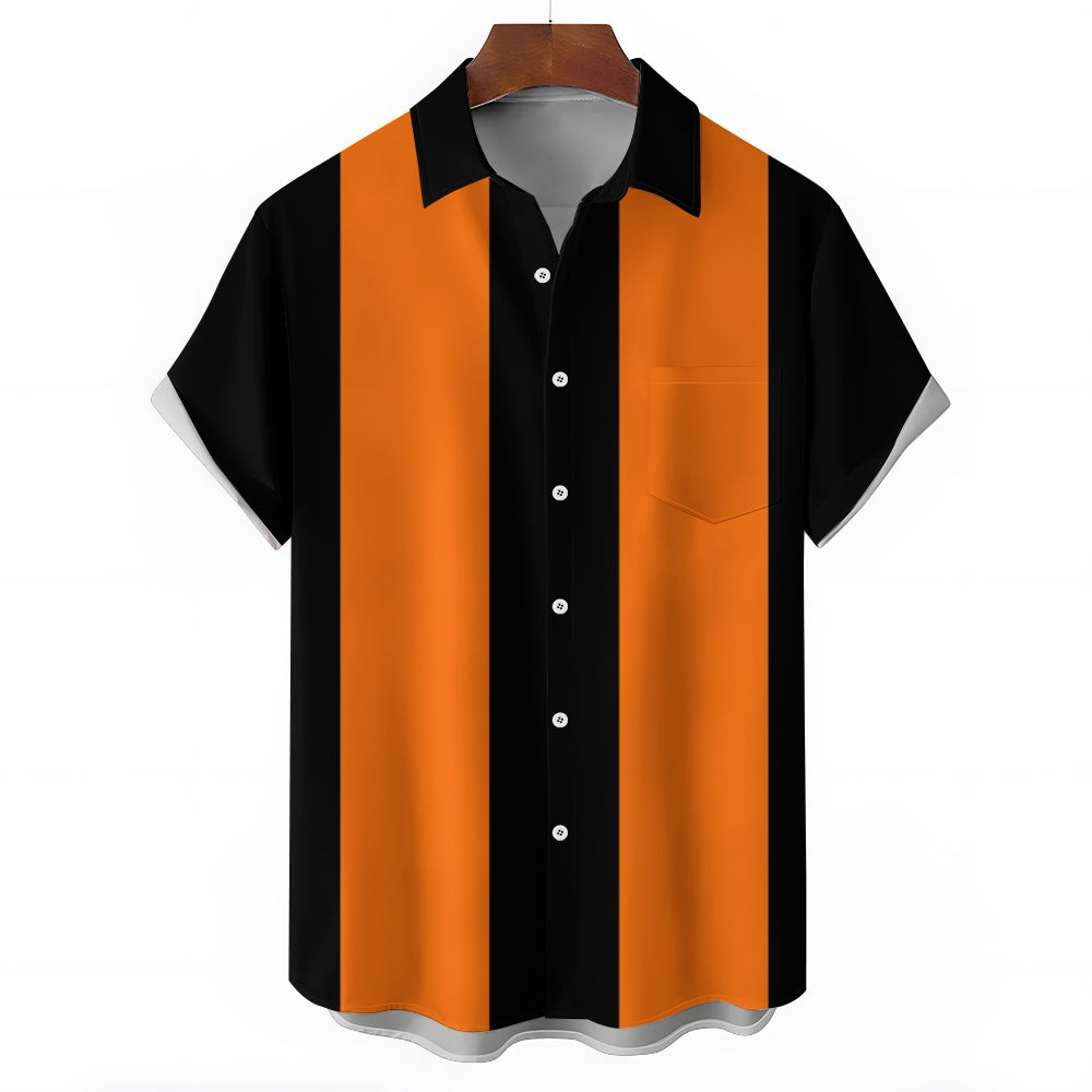 Men's Vintage 50s Style Black Orange Classic Bowling Shirt Short Sleeve Shirt 2307100608