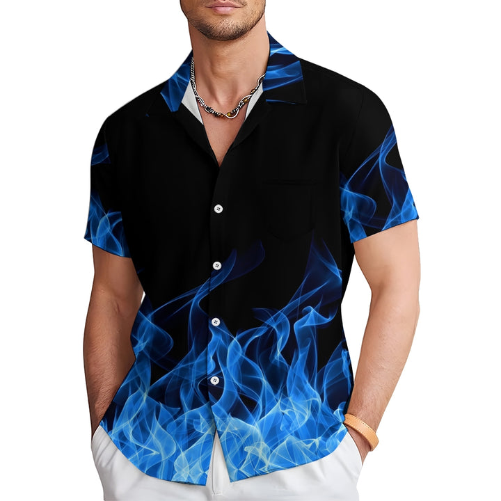 Men's Flame Print Casual Fashion Chest Pocket Short Sleeve Shirt 2307101674