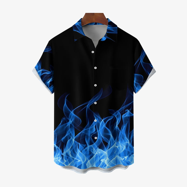 Men's Flame Print Casual Fashion Chest Pocket Short Sleeve Shirt 2307101674