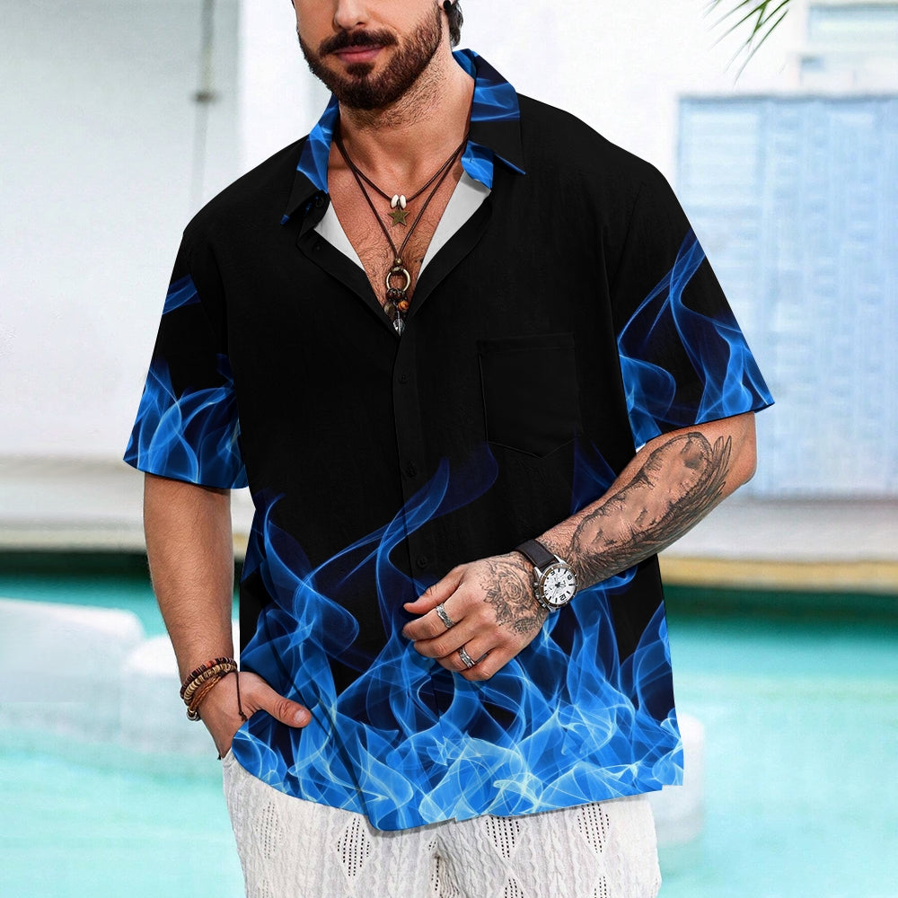 Men's Flame Print Casual Fashion Chest Pocket Short Sleeve Shirt 2307101674