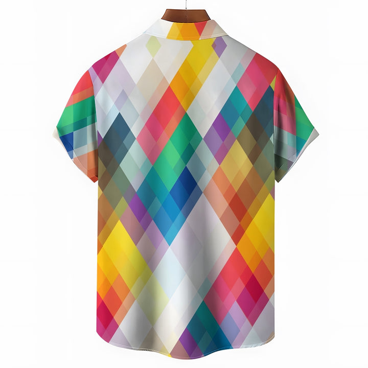 Men's Colorful Geometric Rhombus Casual Short Sleeve Shirt 2311000563