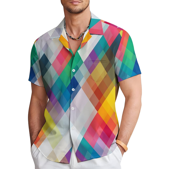 Men's Colorful Geometric Rhombus Casual Short Sleeve Shirt 2311000563