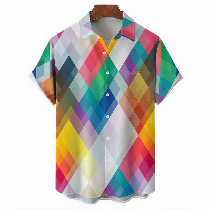 Men's Colorful Geometric Rhombus Casual Short Sleeve Shirt 2311000563