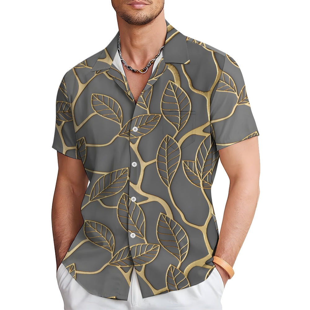 Men's Plant Leaves Gold Edge Casual Short Sleeve Shirt 2402000067