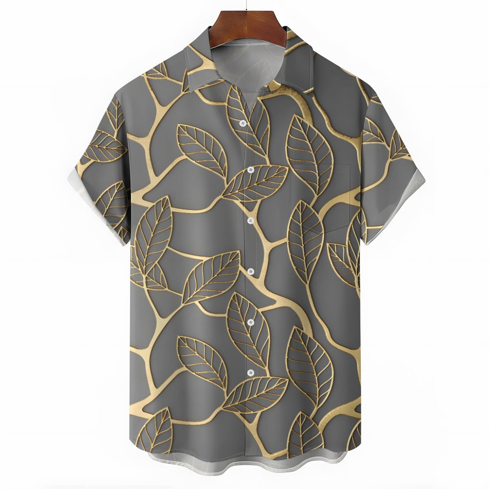 Men's Plant Leaves Gold Edge Casual Short Sleeve Shirt 2402000067