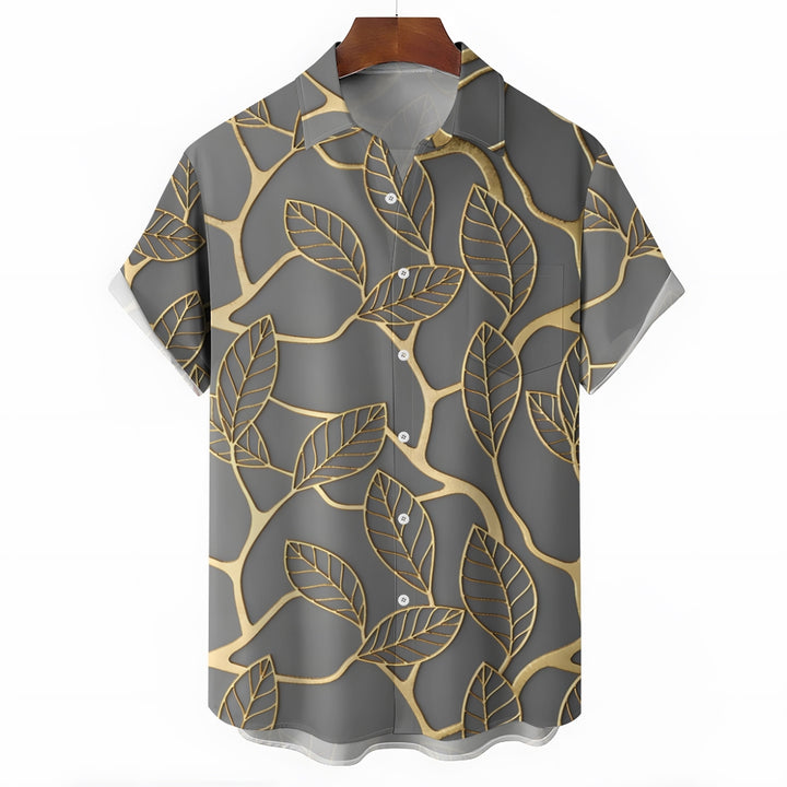 Men's Plant Leaves Gold Edge Casual Short Sleeve Shirt 2402000067